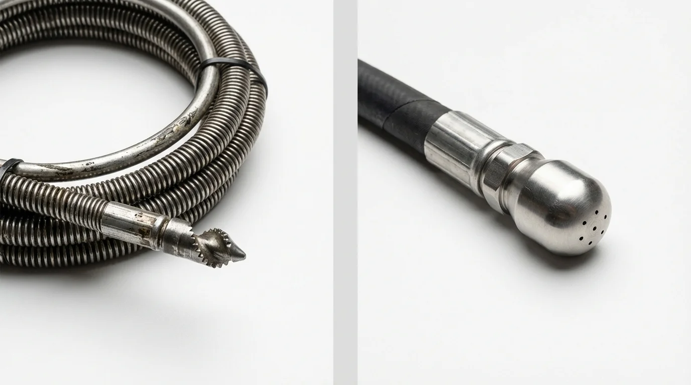 Drain snake cable and hydro jetting nozzle used for drain cleaning in Liberty, MO
