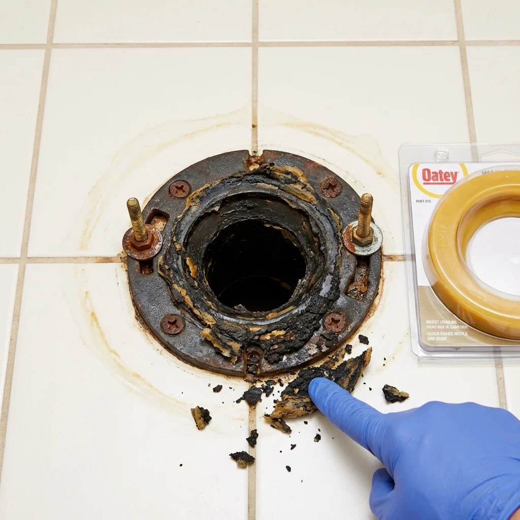 Failed wax ring showing water seepage at the base of a toilet in a Liberty, MO home