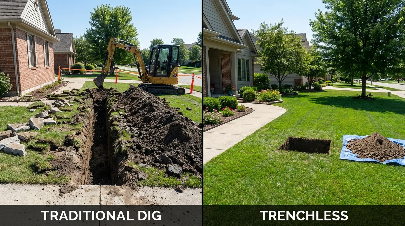 Trenchless sewer repair with minimal yard damage versus traditional excavation in Liberty, MO