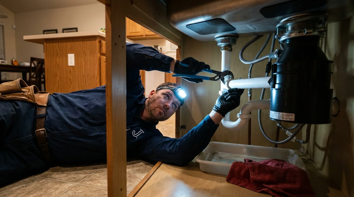 P-trap and supply line connections under a kitchen sink showing a common leak point in Liberty, MO